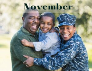 Navy family, smiling, black woman in navy, husband, child, military kids